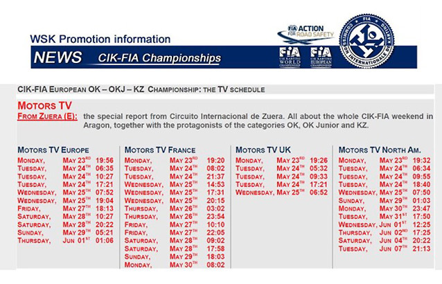 Programme des diffusions TV du meeting CIK de Zuera