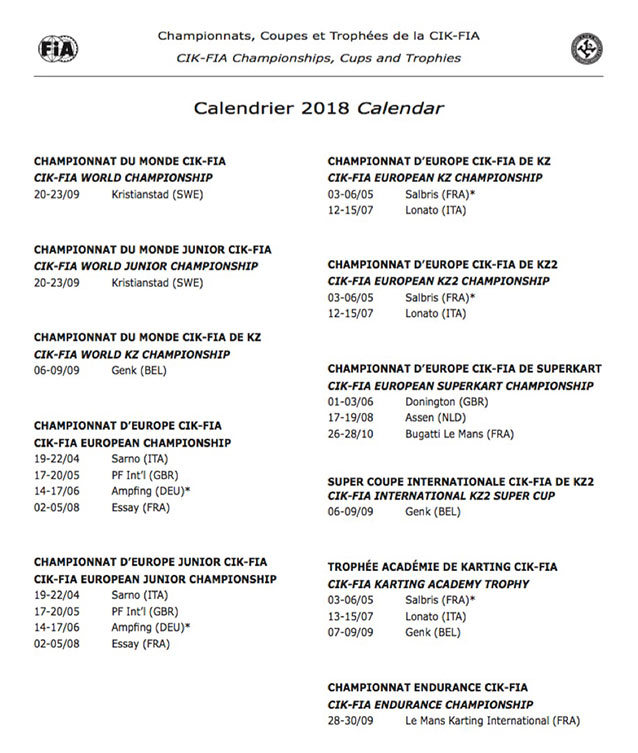 Calendrier complet CIK-FIA 2018