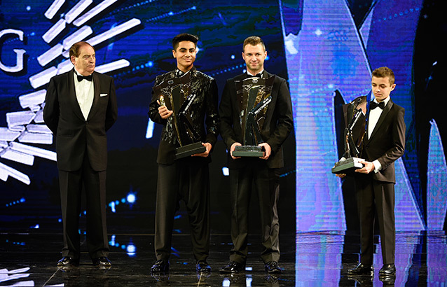 FIA Price Giving Ceremony: Ardigo, Norris and Ahmed 2014 World Karting Champions