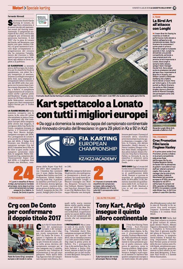 Lonato: une page complète sur le Karting dans la “Gazzetta dello Sport”