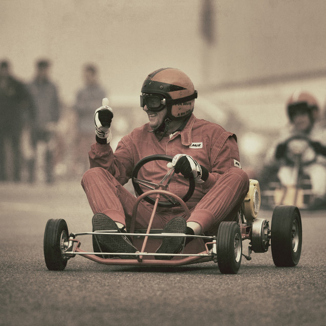 Peter De Bruijn takes the wheel of a Historic kart