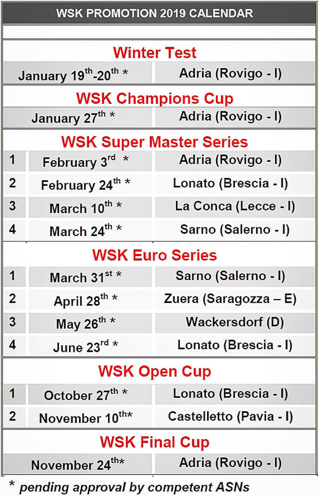 The 2019 karting calendar of WSK Promotion