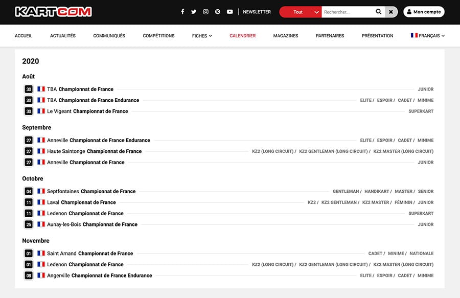 Visualiser le calendrier prévisionnel FFSA Karting