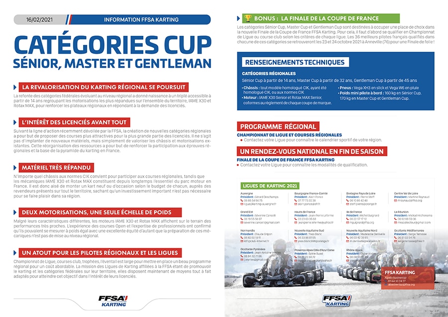 Fiche de présentation des catégories Sénior Cup, Master Cup et Gentleman Cup