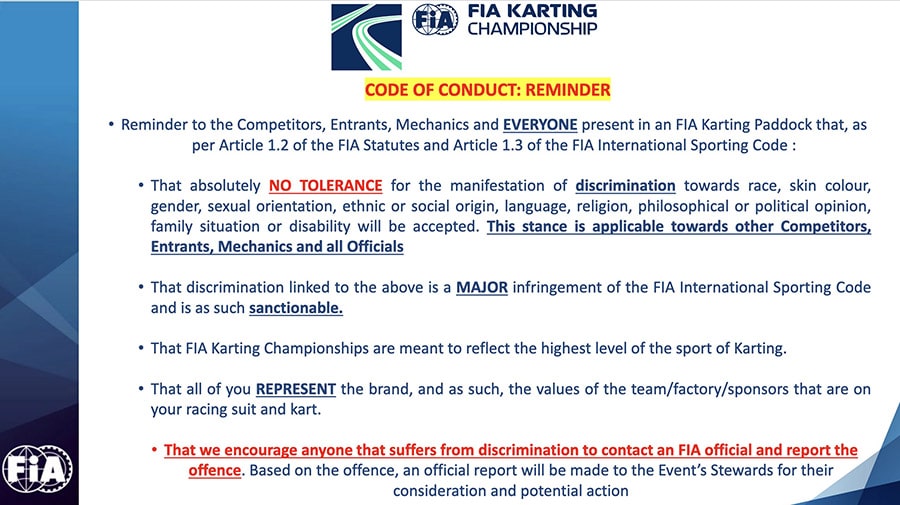 FIA Karting – Código de conduta : lembrete